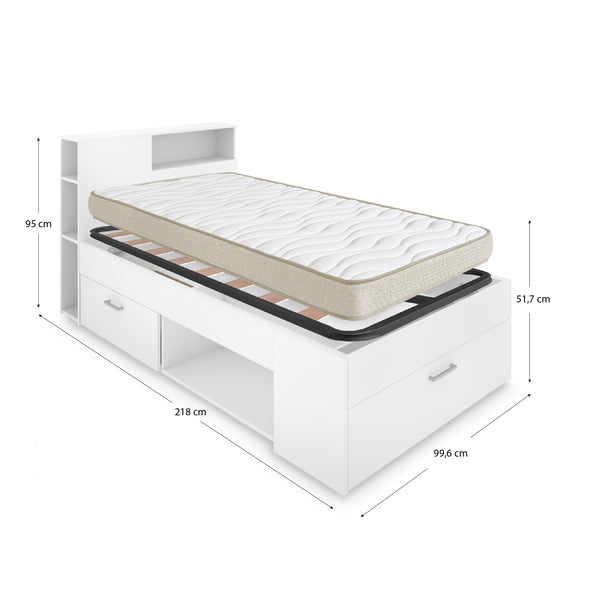 Pack poupança juvenil Cama Lanka com cabeceira, Colchão viscoelástico Nova e Estrado 90 x 190 cm