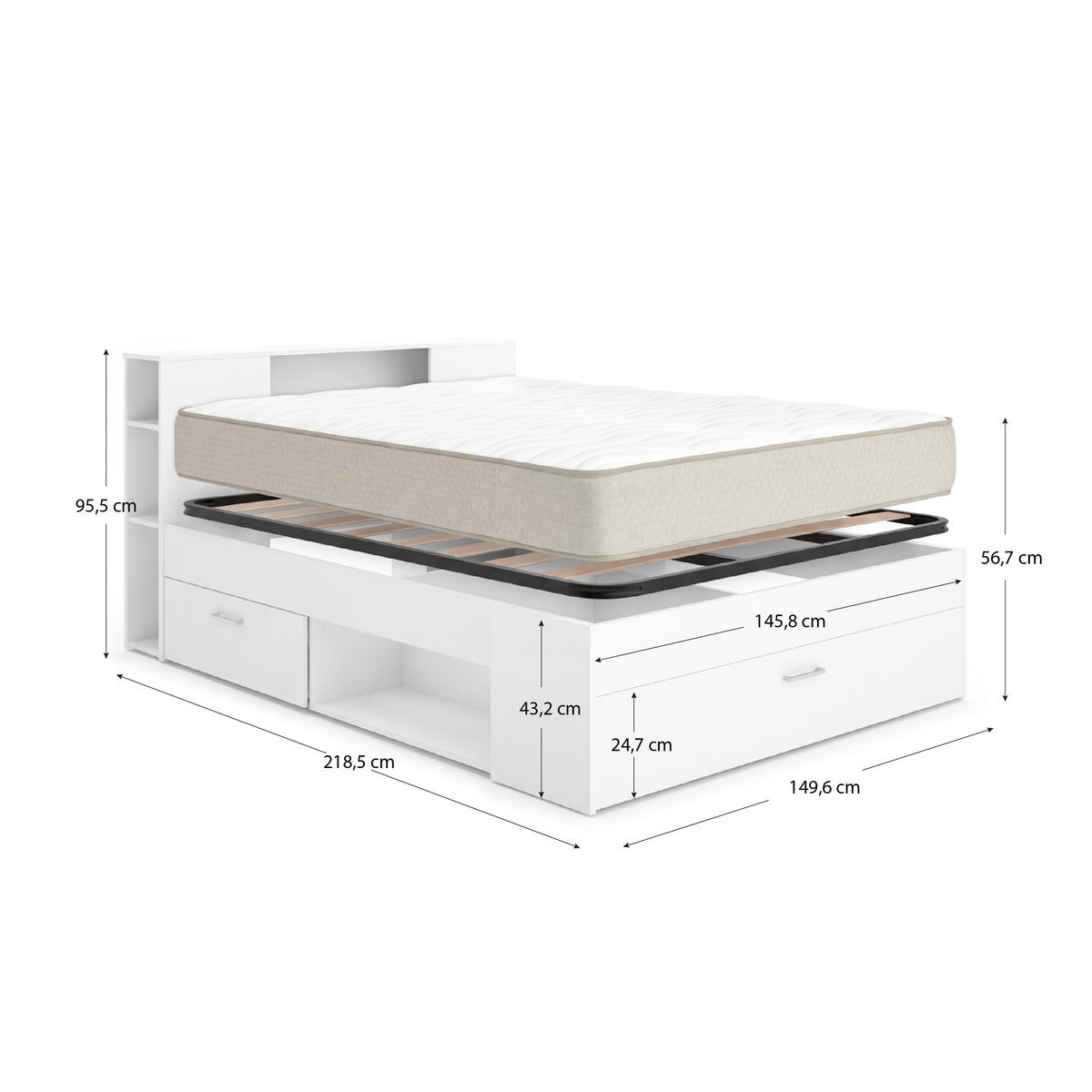 Pack de poupança para casal Cama Lanka com cabeceira, Colchão Nova Plus e Estrado de 135 x 190 cm