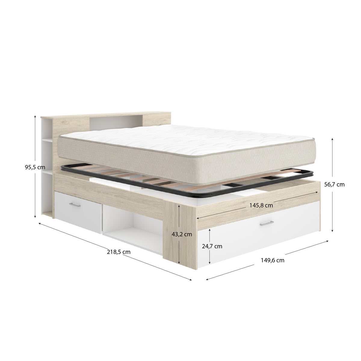 Pack poupança casal Cama Lanka com cabeceira, Colchão Nova Plus e Estrado de 135 x 190 cm