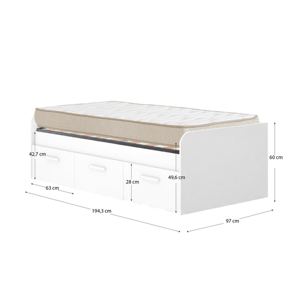 Pack poupança juvenil Cama Mek com gavetas, Colchão viscoelástico Nova e Estrado de ripas 90 x 190 cm